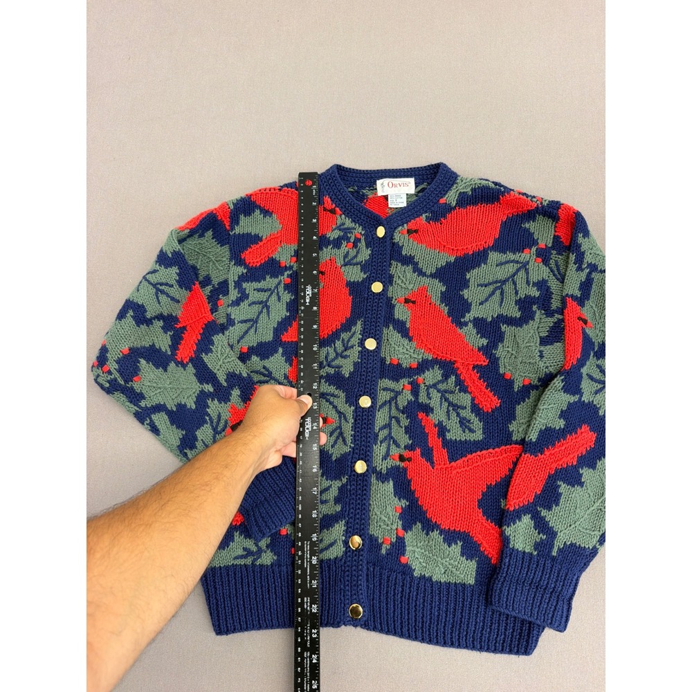 Orvis Vintage Cardinal Bird Holly Knit Cardigan Sweater Navy Blue Red Small - Picture 4 of 7